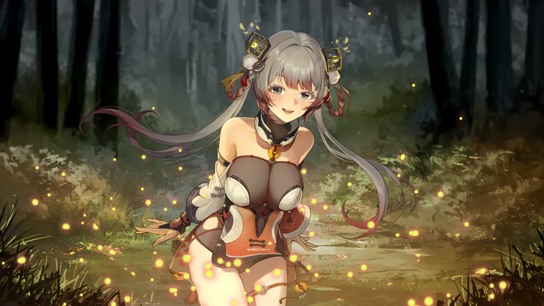 银灰长发二次元少女立于夜晚森林，周身环绕暖黄色萤火虫光点。