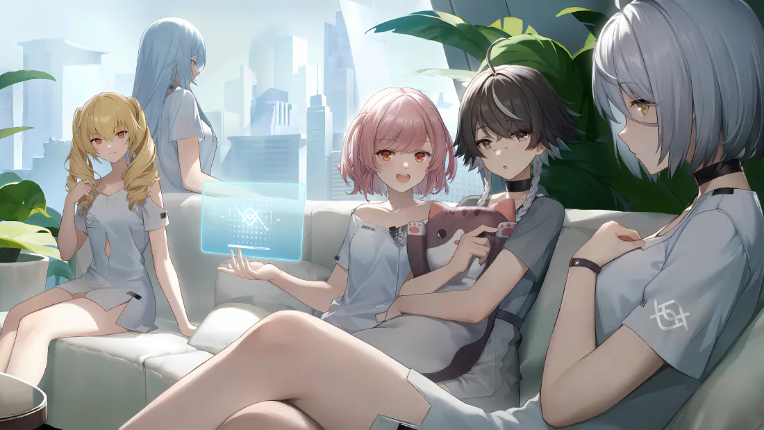 4k尘白禁区壁纸｜室内沙发少女群像背景图片 - 清新治愈「哲风壁纸」