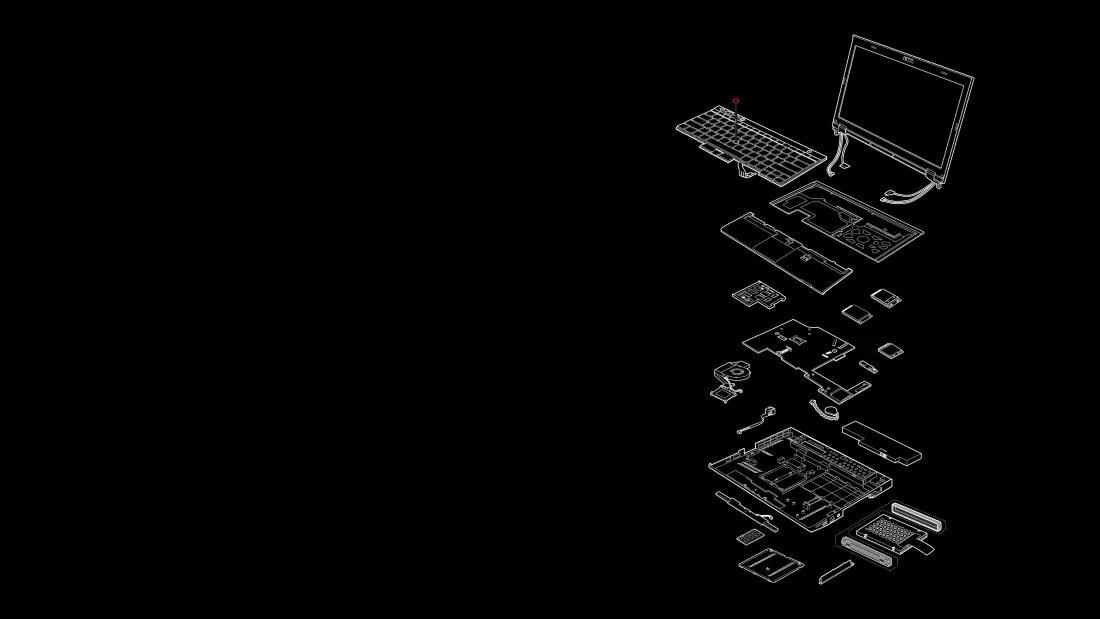 纯黑背景上以白色线稿呈现ThinkPad笔记本的爆炸拆解零件图
