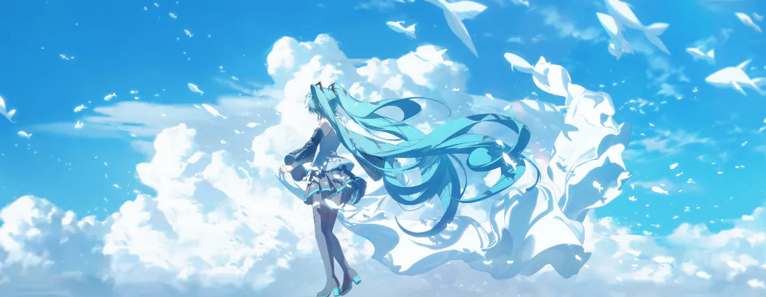 初音未来立于蓝天白云间，长发随风飘动，空中散落漂浮纸片。