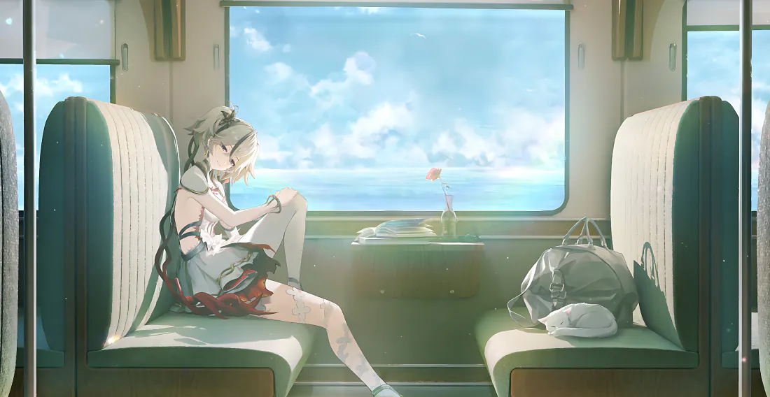 二次元少女坐在火车车厢座椅上，窗外是蓝天白云与开阔海景。
