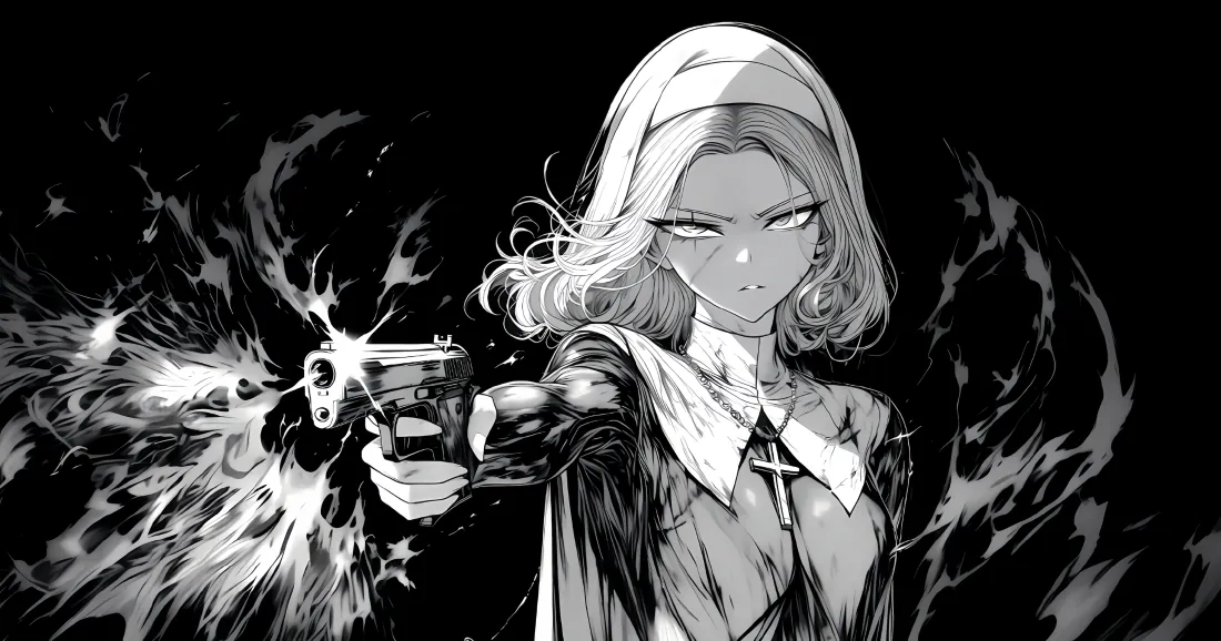 黑白漫画风短发修女持枪射击，枪口迸发火焰特效，神情冷峻。