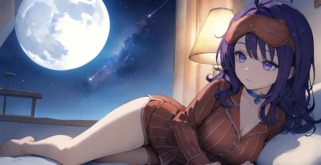 紫发穿棕格睡衣的少女侧卧床上，窗外满月流星划过夜空，旁侧立着暖光台灯。