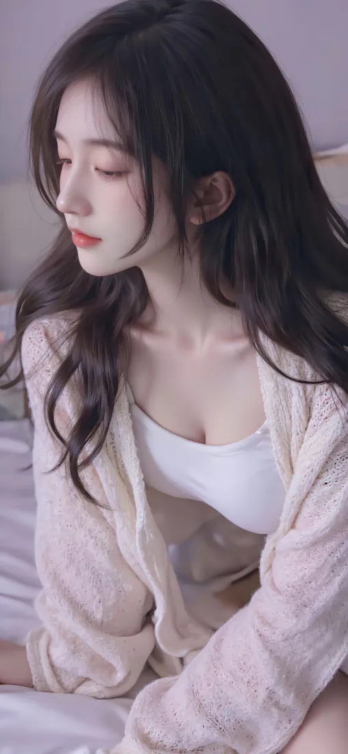 黑长卷发女子身着白色内衣与米白针织开衫，闭眼坐于卧室床面，氛围柔媚慵懒。