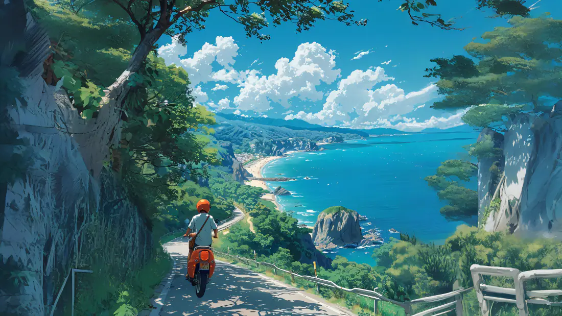 3k夏日海滨骑行壁纸｜唯美海边风景背景图片「哲风壁纸」