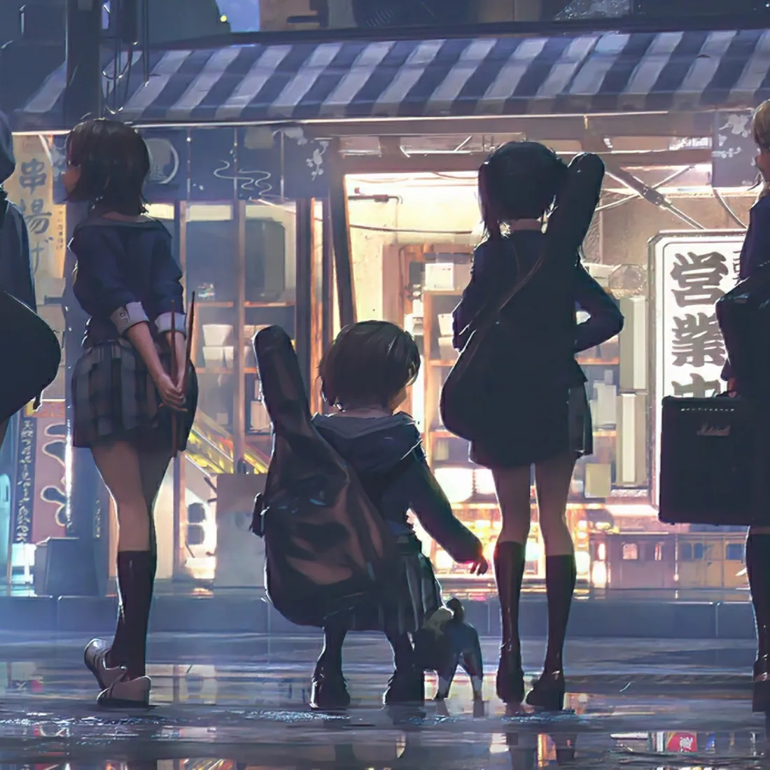 雨夜日式街头，几名背吉他包的校服少女与孩童蹲在湿滑路面，身旁有小猫，店铺暖光透出。