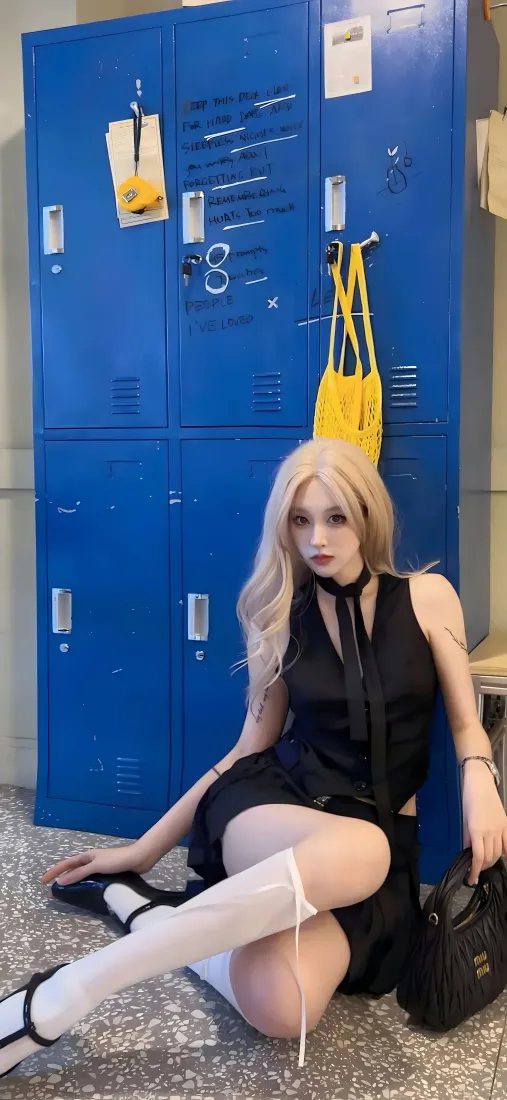 金发女子身着黑色无袖裙装，坐在蓝色储物柜前的水磨石地面上。