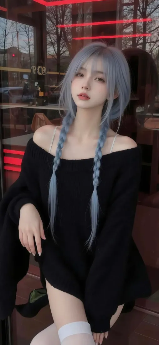 蓝灰双麻花辫年轻女性，穿黑色露肩宽松上衣，坐于带红色霓虹灯带的玻璃窗前