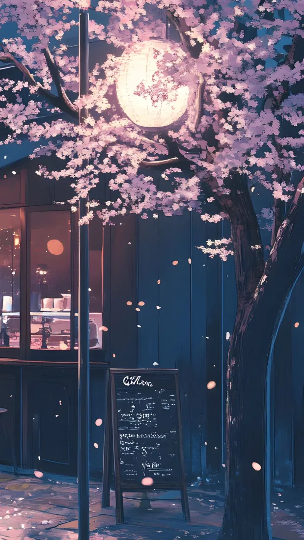 夜晚樱花树下的咖啡店街景，街灯暖光洒落，花瓣缓缓飘落。