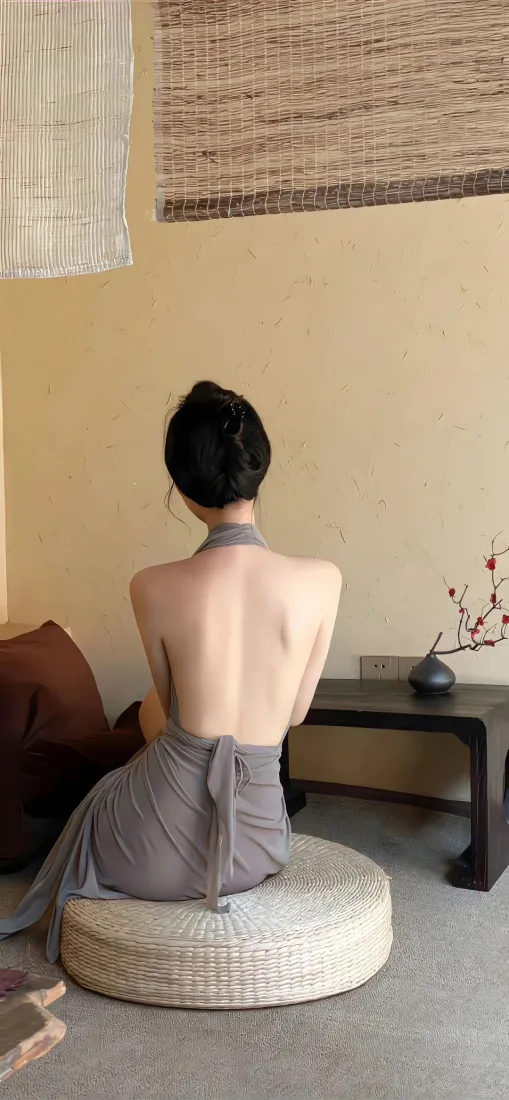 盘发露背女子背对镜头坐于蒲团，身处暖调简约室内空间