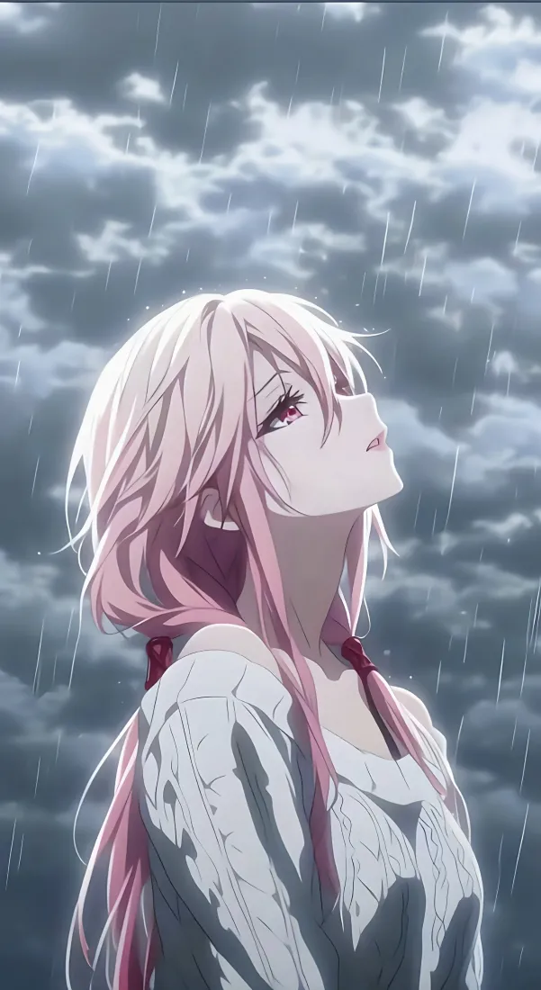 粉发少女楪祈身着白针织衫，在阴雨天雨中仰头望向天空。