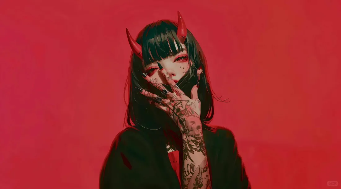 纯红背景下，戴红色恶魔角、满臂纹身的黑衣黑发女性抬手遮面。