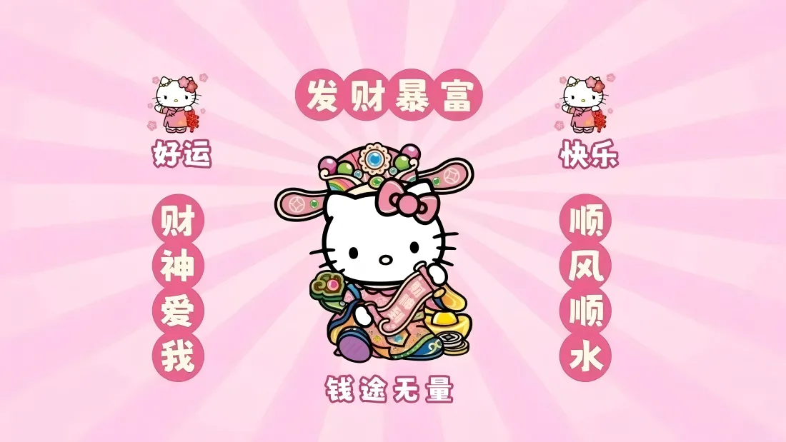 10k凯蒂猫壁纸|发财暴富背景图片 - 动漫风「哲风壁纸」 粉色放射背景中,财神装扮的Hello Kitty居中,四周环绕发财暴富等吉祥文字。