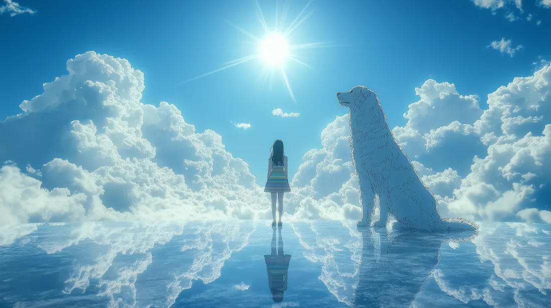 少女与巨型犬神立于如镜水面，四周云海环绕，上方是明亮太阳。