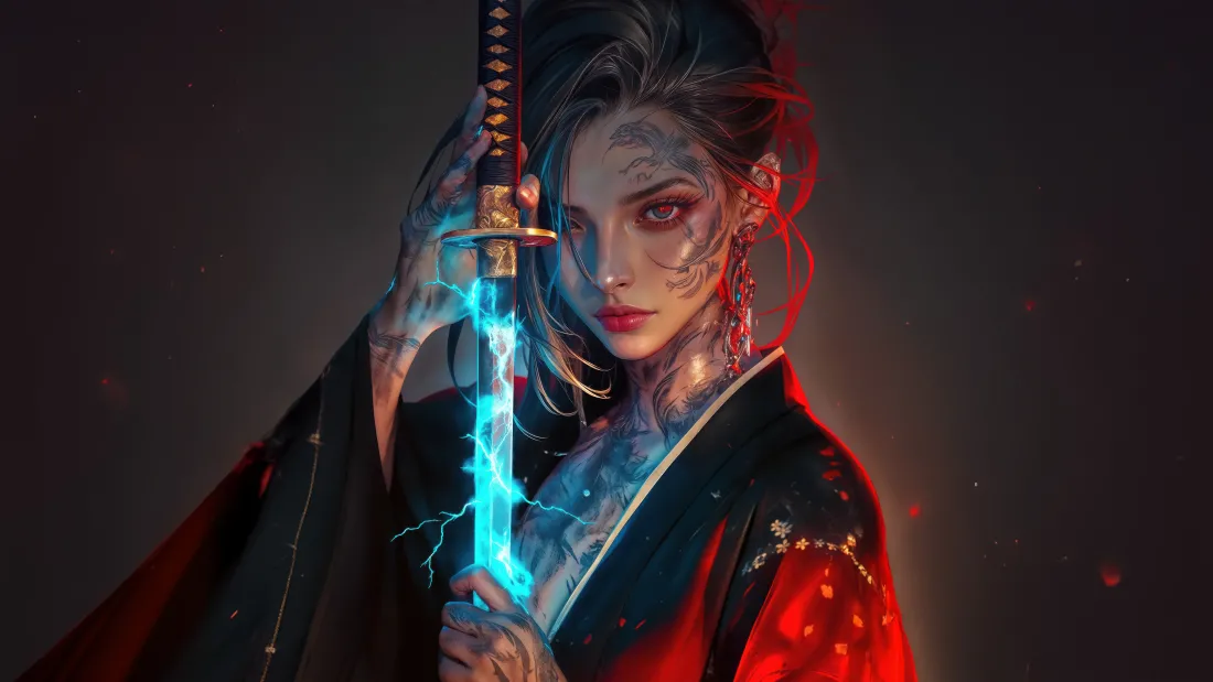 持发光太刀的和风纹身女性，红蓝光影交织，暗调背景氛围酷炫。