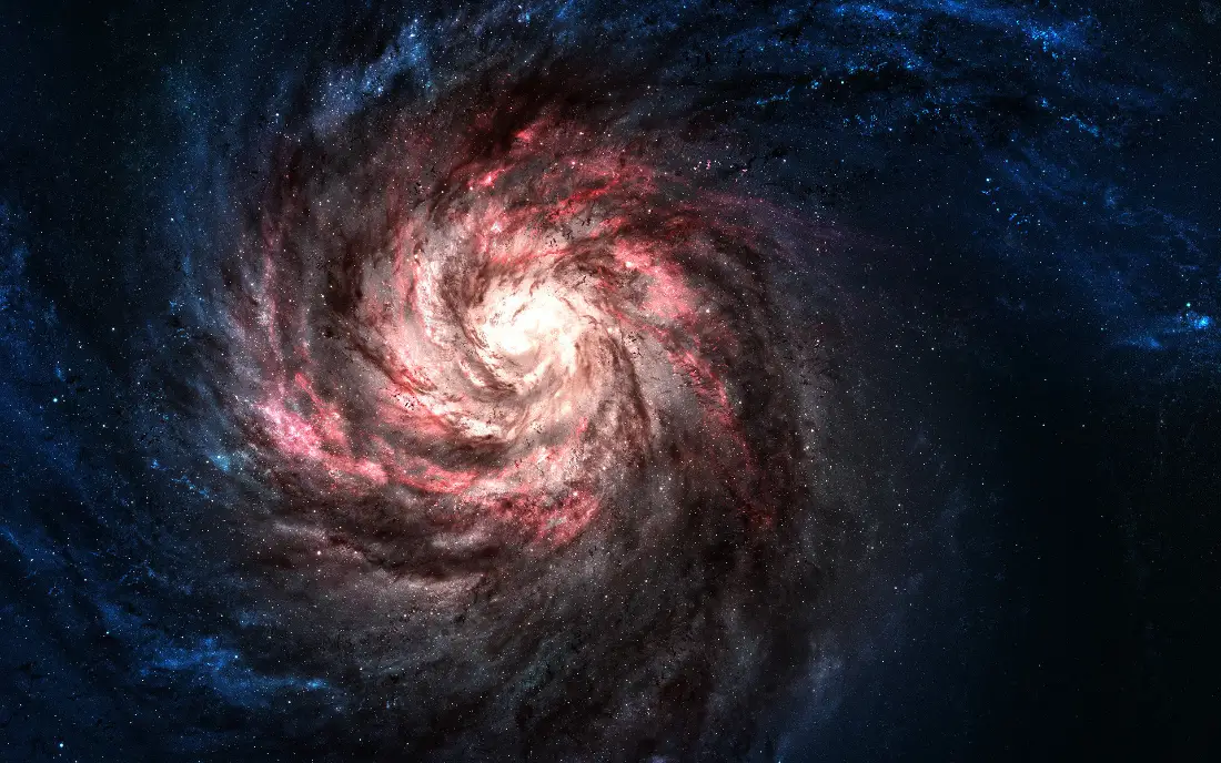 2k黑洞壁纸|星云背景图片 - 宇宙奇观「哲风壁纸」 深邃太空中的螺旋星云,中心明亮,旋臂晕染粉红光晕,四周散布星点。