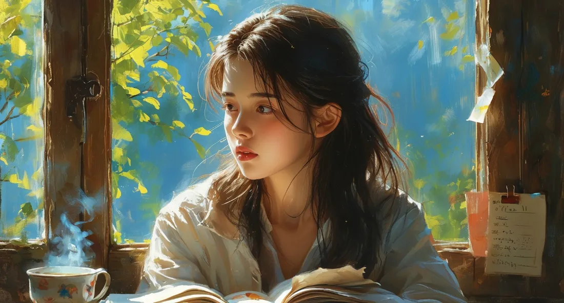 2k清纯美女油画壁纸|窗边阅读背景图片 - 迷人「哲风壁纸」 油画风格长发少女坐窗边,面前摊开书本,旁有冒热气的杯子,窗外是蓝天绿叶。