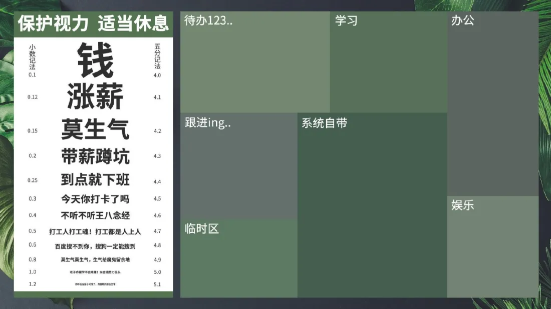 绿白灰分区的打工人主题文字壁纸，左侧为文字区，右侧为功能分区块