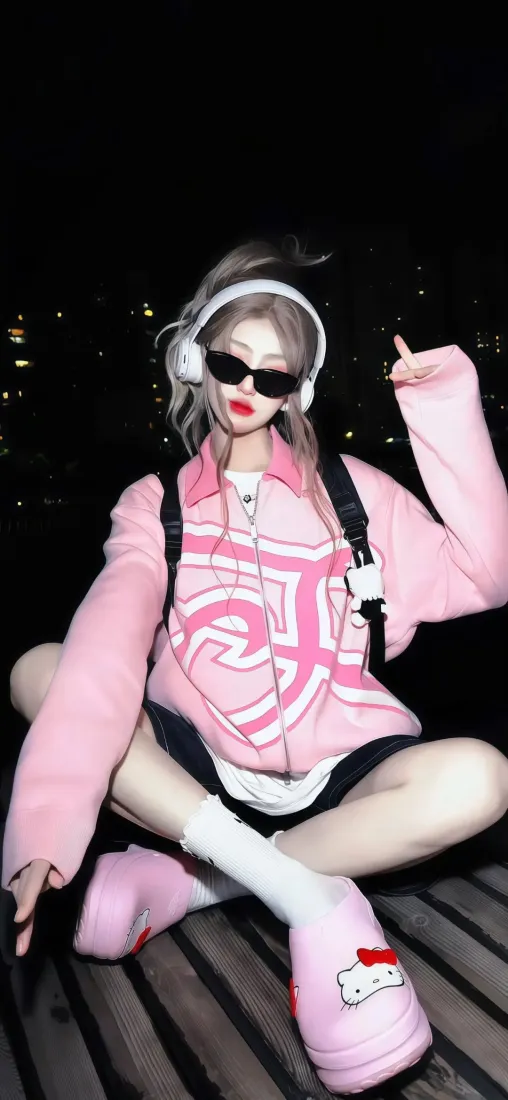 夜晚天台，戴白耳机黑墨镜的粉衣潮酷少女盘腿坐于木质平台，背景是城市夜景光斑