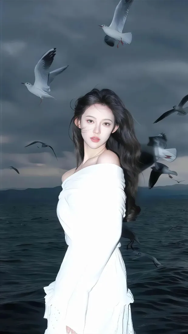 穿白色露肩长裙的长发女子立于海边，多只海鸥在阴沉天空下的海面上方飞翔。