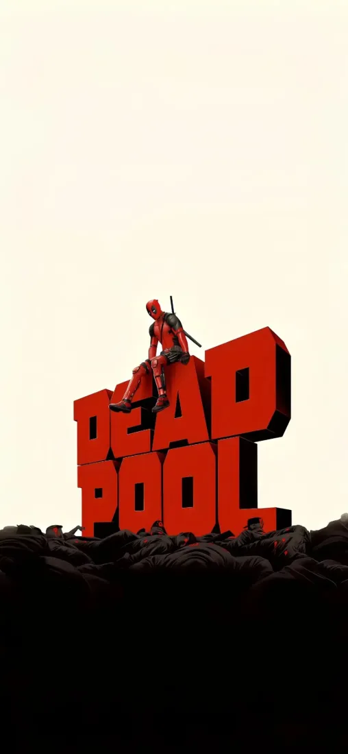 死侍坐在红色立体DEADPOOL大字上，背景为浅米白与黑色暗部