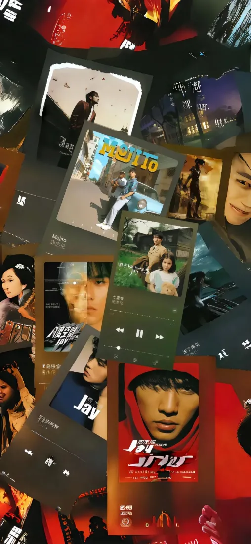 多幅周杰伦音乐专辑封面错落拼贴，搭配音乐播放控件的创意壁纸