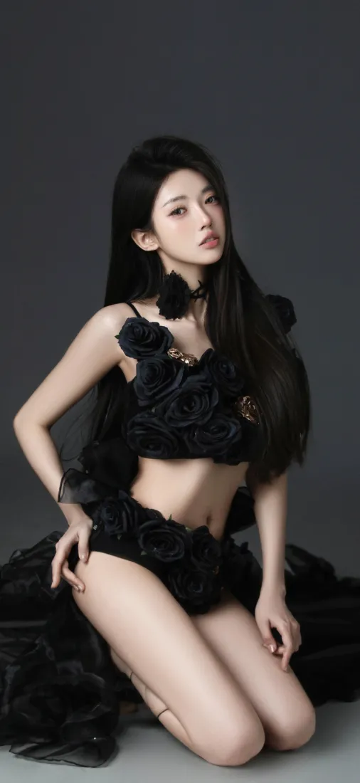 黑长直长发女性身着黑色玫瑰装饰服饰跪坐于灰色影棚背景前