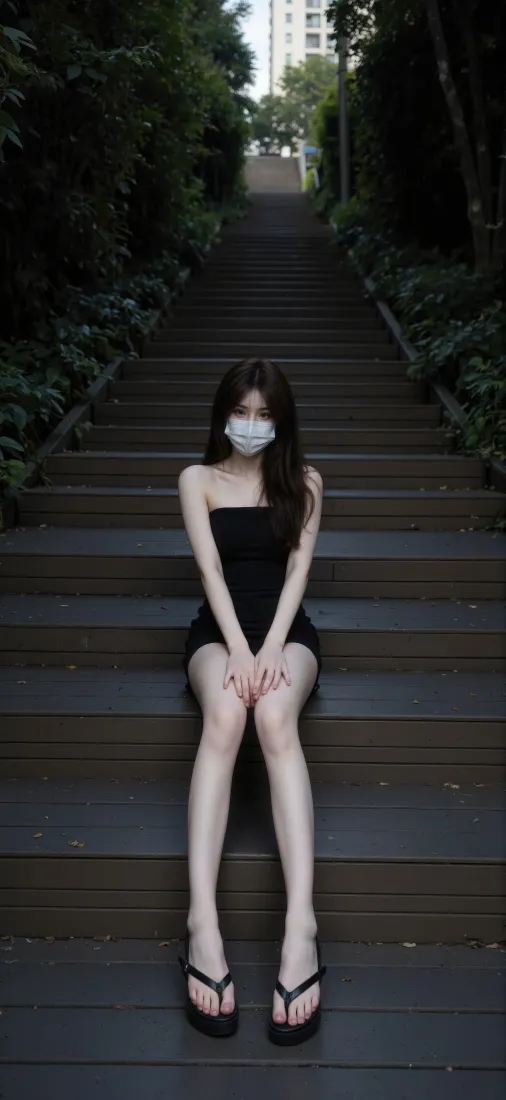 戴口罩的年轻女子穿黑色抹胸短裙，坐在绿植环绕的户外台阶上