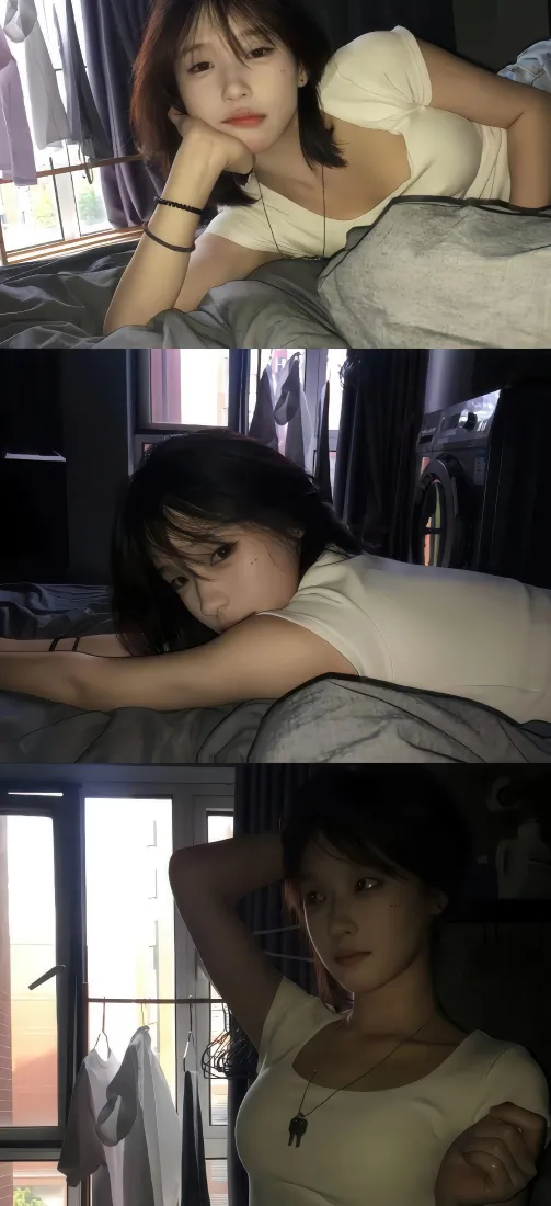 三张拼接的居家写真，穿米白短袖的年轻女生在窗边床上慵懒摆拍