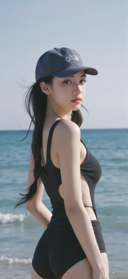 戴棒球帽的长发女子身着黑色连体泳衣，在海边回眸望向镜头