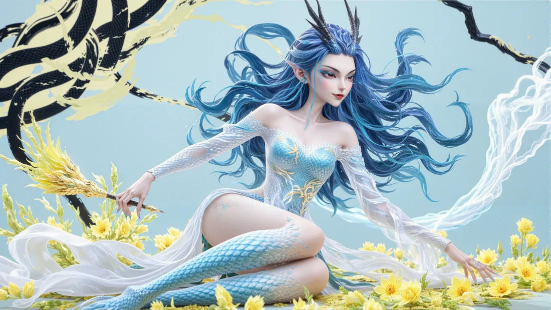 《哪吒2》敖闰3D形象，蓝发龙角，坐于黄色花丛中，手持金色毛笔。