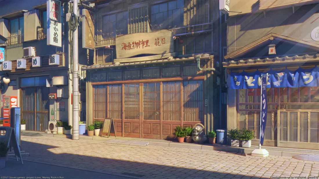 晴朗白天的日系临街商铺街景，石板步道旁排布着日式传统店铺，光影柔和静谧。
