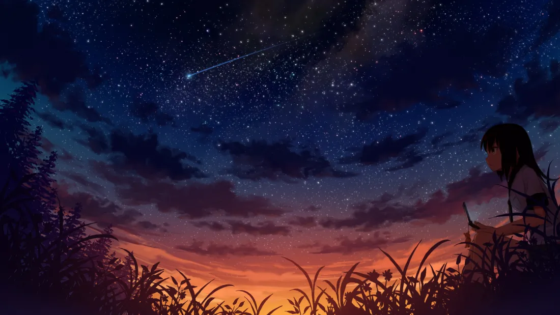4k星空少女壁纸|黄昏郊野草坡背景图片 - 静谧治愈「哲风壁纸」 黄昏郊野草坡上,少女坐于草丛间仰望缀满流星的渐变星空。