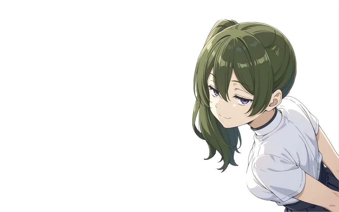 纯白背景上，绿发侧马尾的紫瞳动漫少女侧身微笑，身着白色短袖。