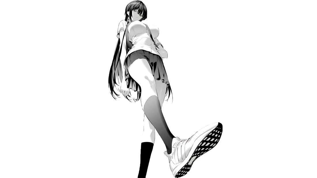 5k动漫少女壁纸|二次元少女背景图片 - 动感姿态「哲风壁纸」 黑白二次元少女,长马尾穿运动短裙与运动鞋,动感姿态立于纯白背景。