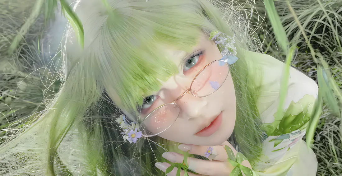 绿发戴圆框眼镜的少女，置身朦胧草丛中，整体清新梦幻。