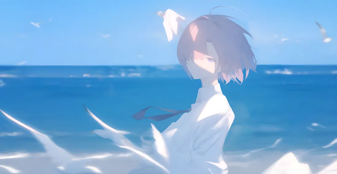 4k海边少女壁纸｜碧海蓝天短发少女背景图片 - 清新治愈「哲风壁纸」