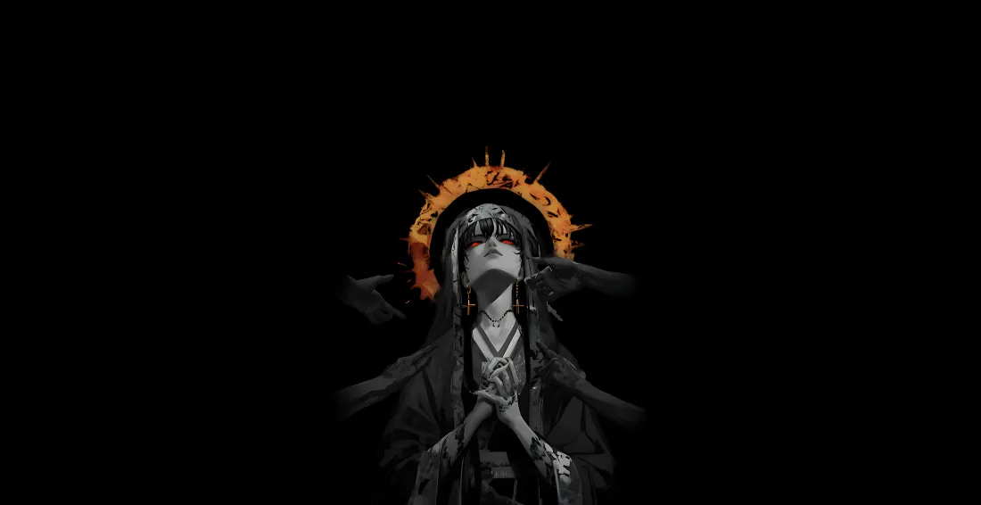 纯黑背景中，头戴橙黄色光环的暗黑少女双手合十仰头，整体呈灰调。