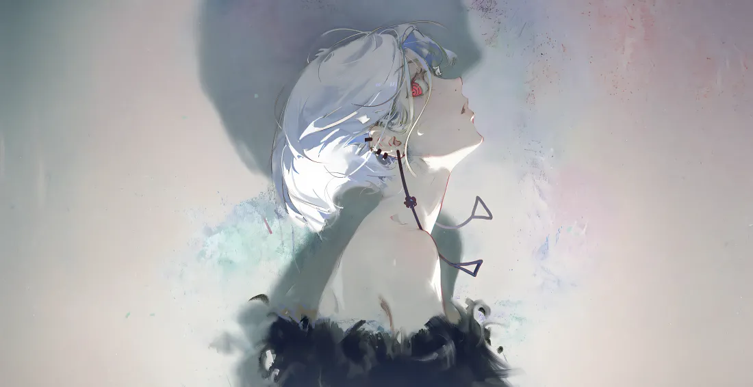 4k银发少女壁纸|朦胧渐变背景图片 - 空灵梦幻「哲风壁纸」 银发红瞳少女仰头侧望,朦胧渐变背景,画风空灵柔和。