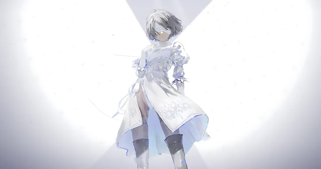 纯白柔光背景下，身着白裙的短发二次元少女居中站立，画面朦胧空灵。
