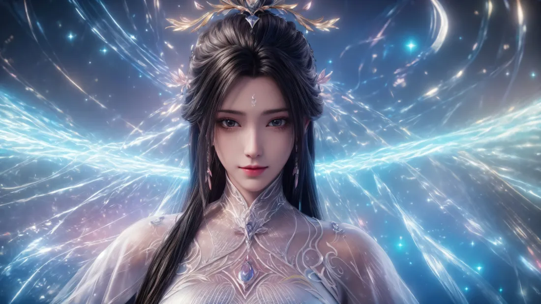 古风仙侠女子半身像，背景为蓝青色流光星轨特效