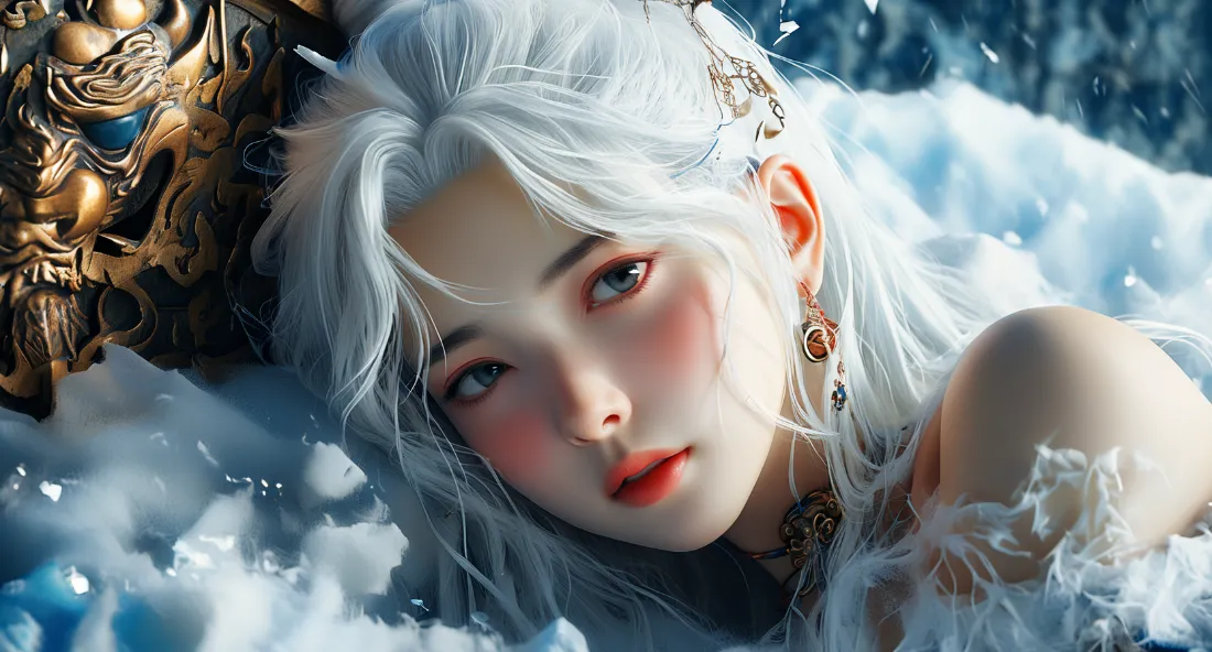 白发少女侧卧于雪地，佩戴精致耳饰与发饰，身旁有金色雕花装饰。