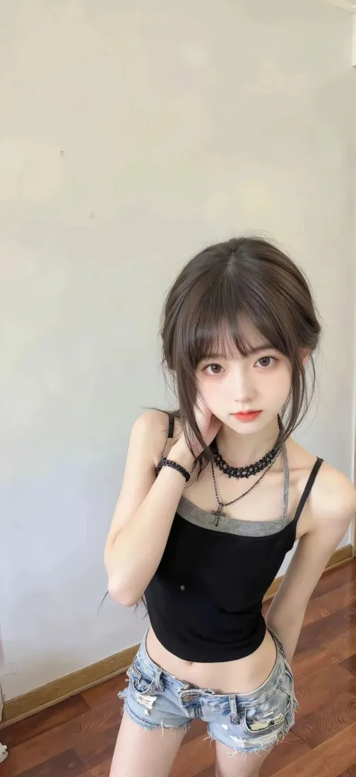 室内浅色墙前，穿黑吊带与牛仔短裤的少女手托脸颊自拍。