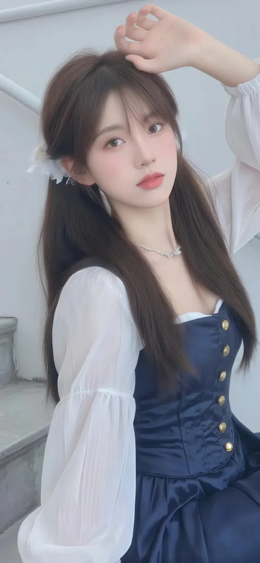 扎双马尾的甜美少女，穿白袖藏蓝排扣连衣裙，抬手轻扶头顶，背景浅淡干净。
