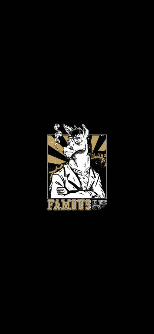 纯黑背景中央是穿西装抱臂的马头拟人插画，下方配金色FAMOUS字样