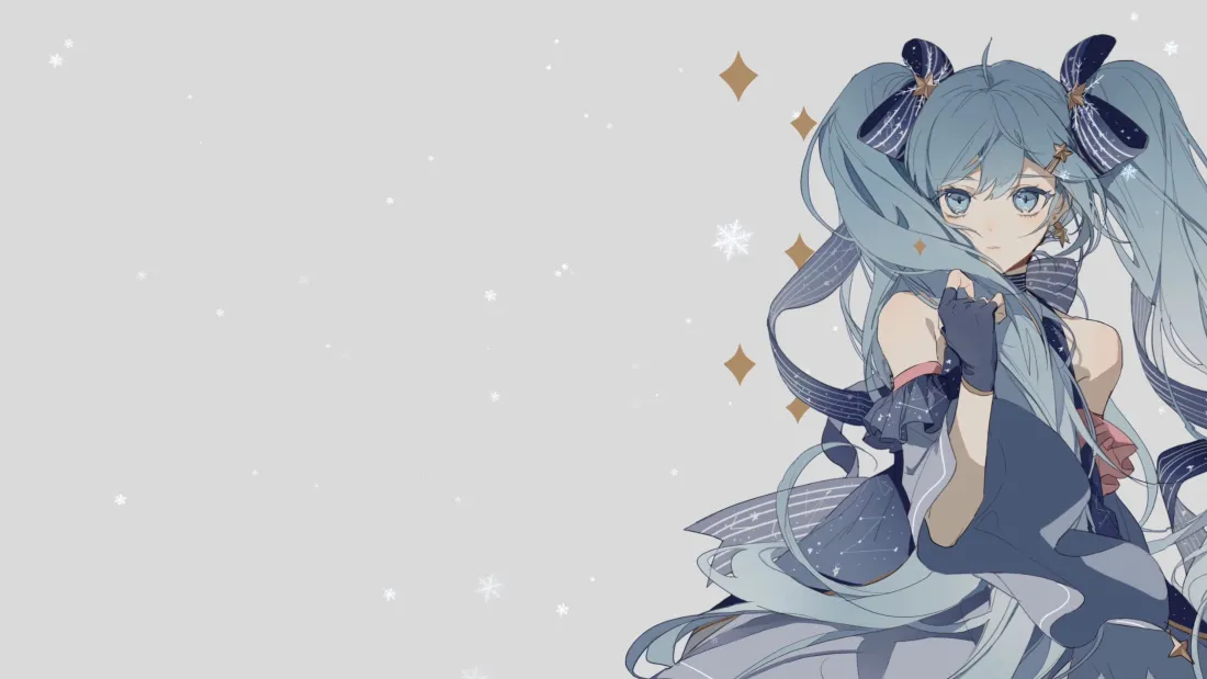 浅灰背景上，蓝发双马尾初音未来立于右侧，点缀金色菱形与白色星光。