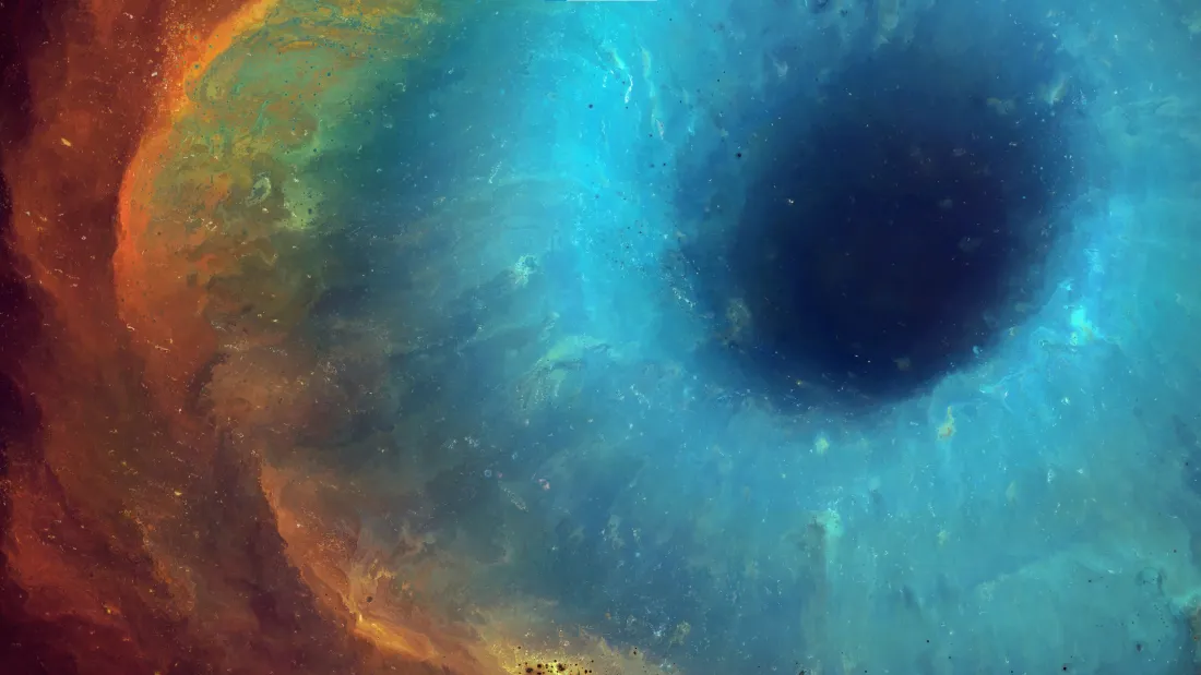 蓝橙渐变星云环绕右侧深色黑洞，散布细碎星点的梦幻宇宙空间