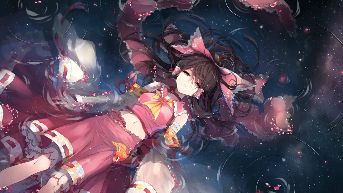 二次元少女灵梦身着粉色服饰，漂浮在布满星光的梦幻水色空间中。