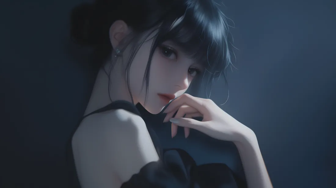暗蓝冷调背景下，齐刘海黑裙少女侧身回望，手抵唇边，氛围幽暗神秘。