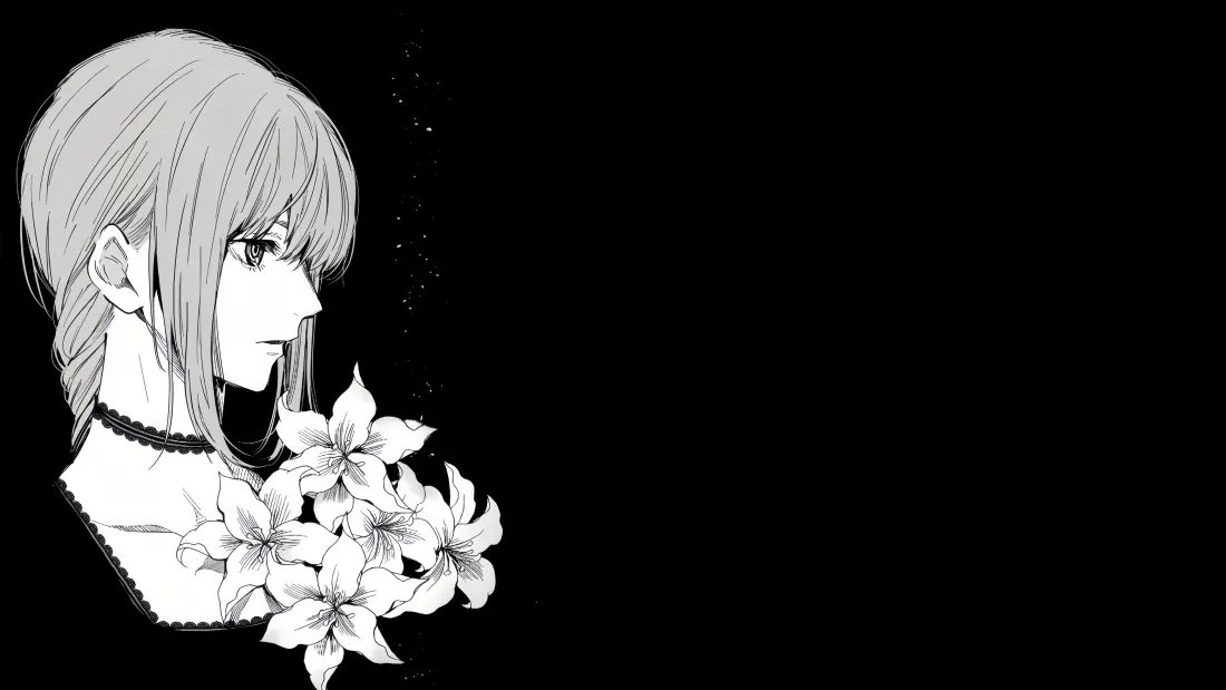 5k电锯人玛奇玛壁纸｜侧脸花簇少女背景图片 - 黑白漫画风「哲风壁纸」
